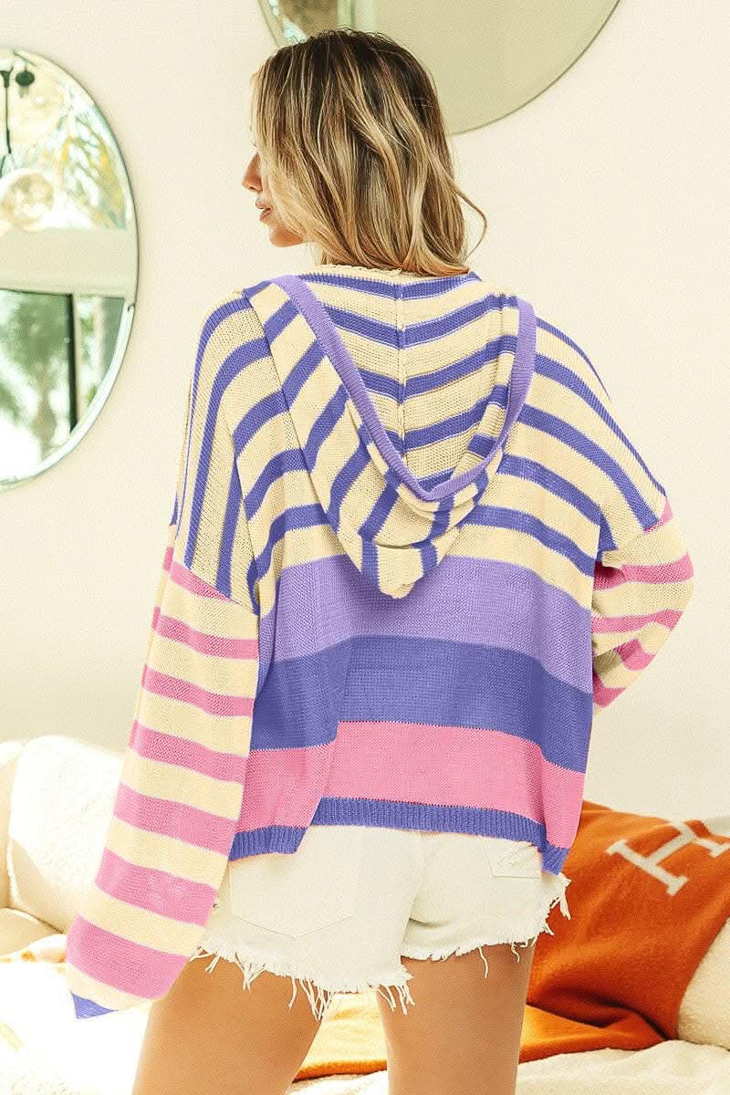BiBi Striped Color Block Hooded Knit Top - Love Salve